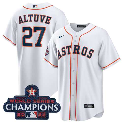 Mens Houston Astros #27 Jose Altuve White 2022 World Series Champions Home Stitched Baseball Jersey